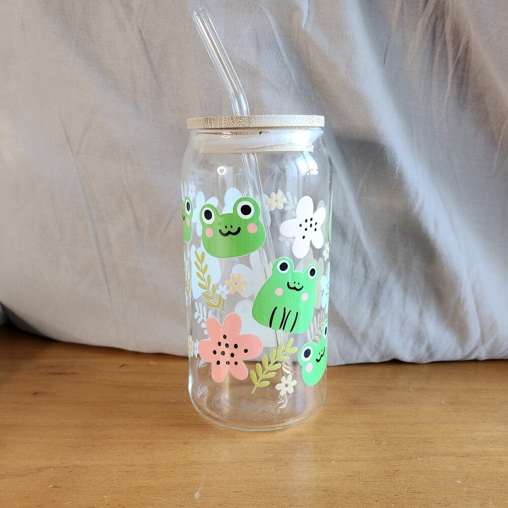 Floral Frog Glass Can Tumbler With Bamboo Lid And Glass Straw Cup